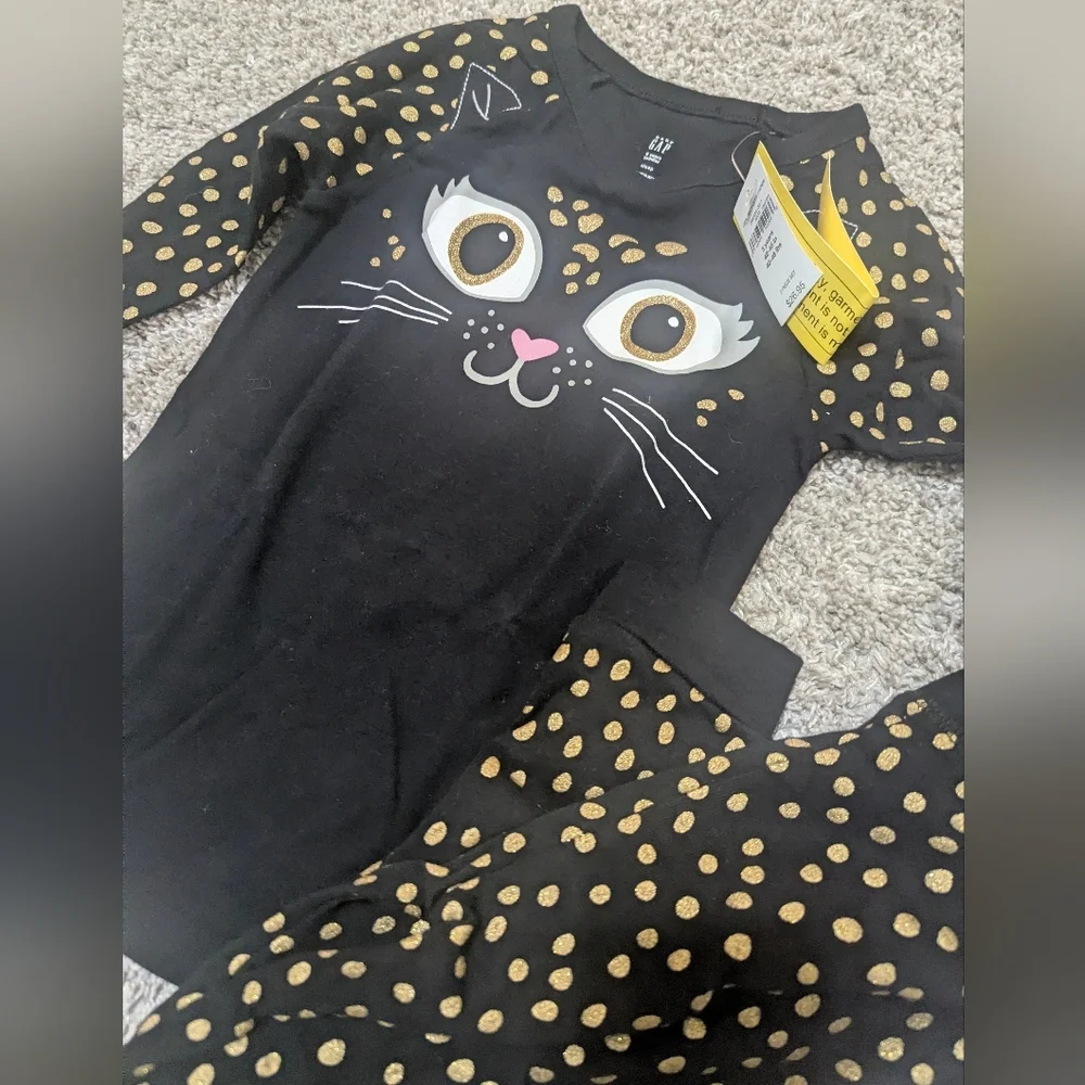 GAP Black Pajama Set with Gold Polka Dot Cat Design